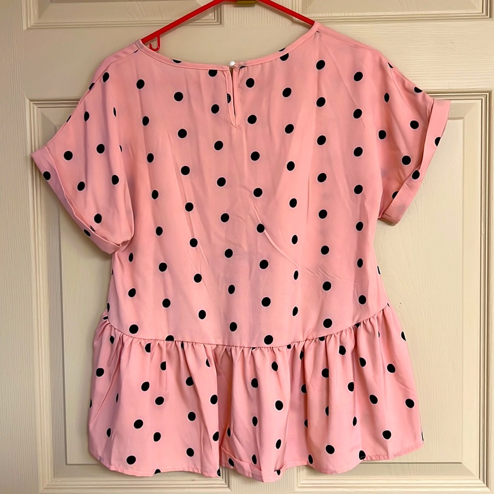 Pink peplum style top top with black polka dots - Picture 2 of 4
